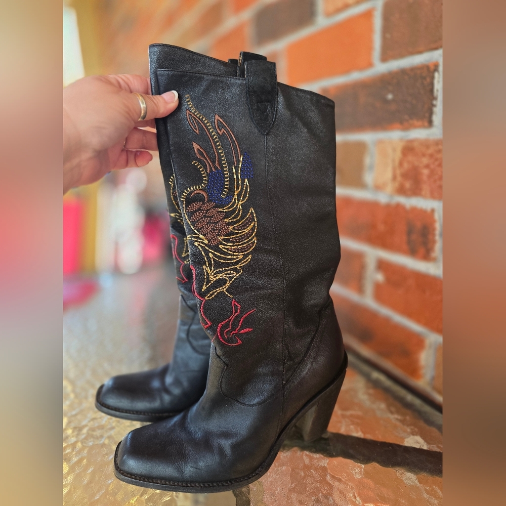 Gianni Bini Black Mid-Calf Embroidered Western Heeled Boots